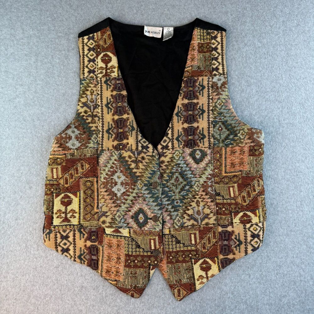 Jane Ashley Beaded Tapestry Vest Women's L Medium Metal Button India Multicolor